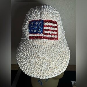 Hand Beaded Sequin American Flag Baseball Cap Patriotic Hat MV Sport 1980s
